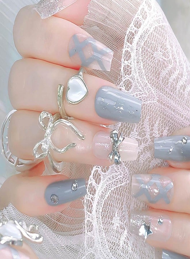 RikView Coffin Press on Nails Long Fake Nails Blue Nails with Design Glossy Full Cover Nails for Women 24 PCs/Set - Image 2